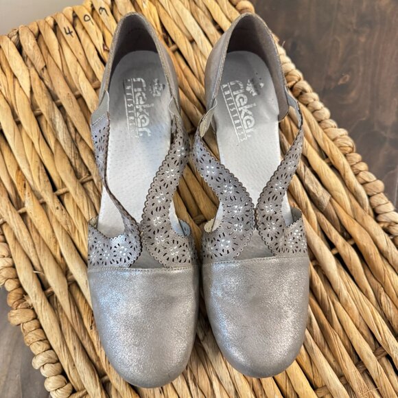 Rieker Mariah Grey Metallic Shoes Women's EU 42 Leather Slip On Comfort Shoe - Picture 2 of 6